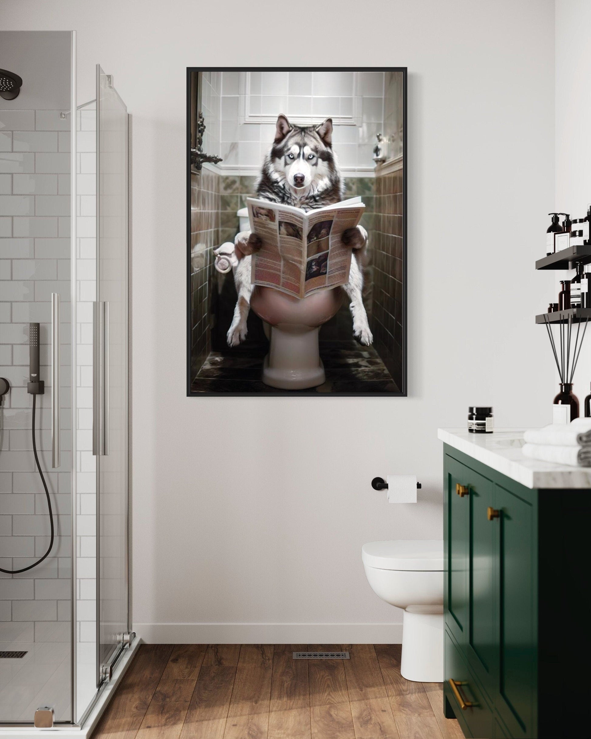 Alaskan Husky Dog On The Toilet Reading Newspaper Picture Canvas Wall Art