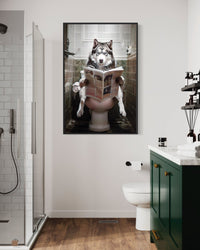 Alaskan Husky Dog On The Toilet Reading Newspaper Picture Canvas Wall Art