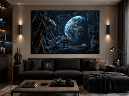 Alien Commander Wall Art – Dark Sci Fi Space Canvas Print for Man Cave Decor