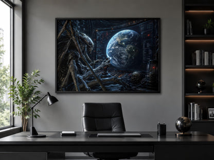 Alien Commander Wall Art – Dark Sci Fi Space Canvas Print for Man Cave Decor