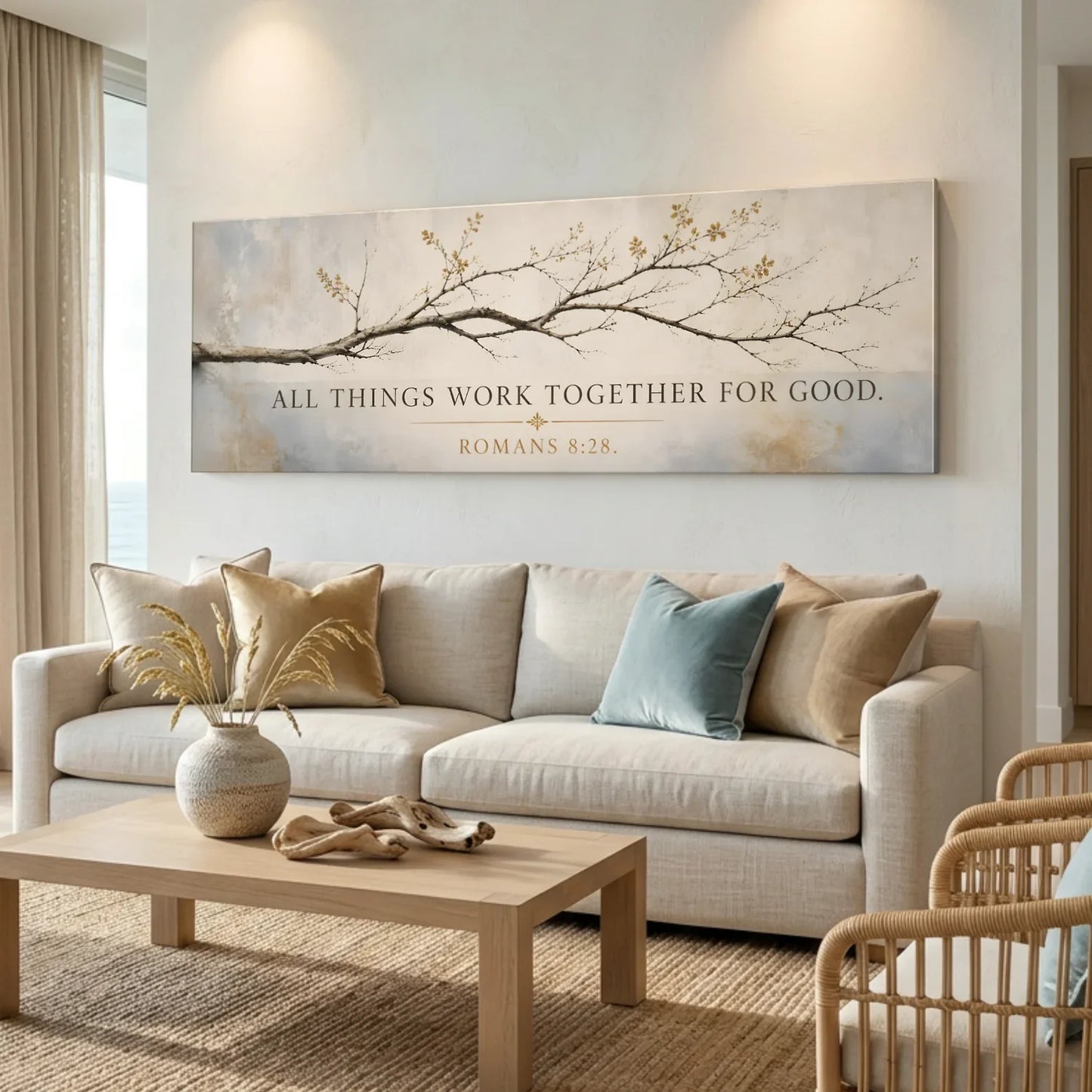 Living room with a large wall art piece featuring a branch and text. All Things Work Together - Romans 8:28