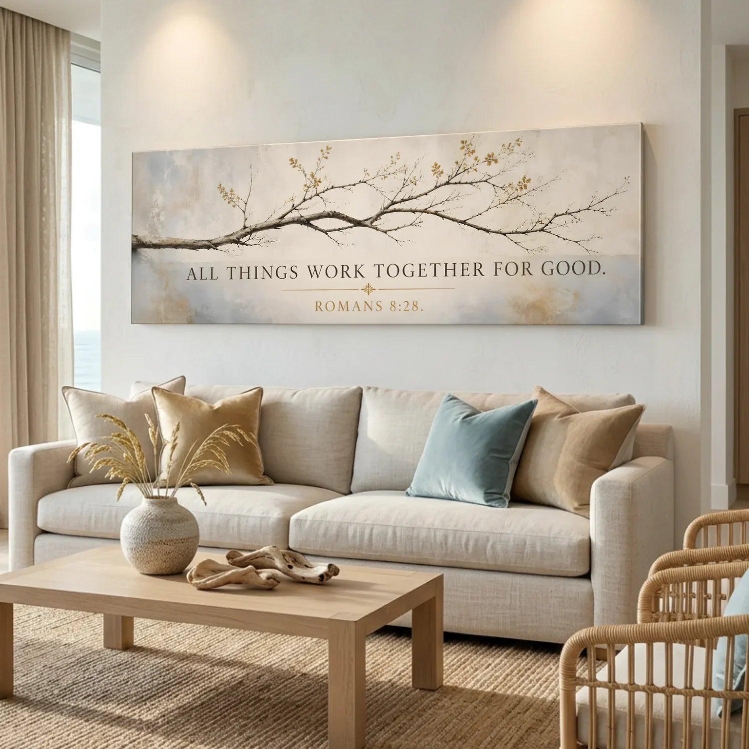 Living room with a large wall art piece featuring a branch and text. All Things Work Together - Romans 8:28