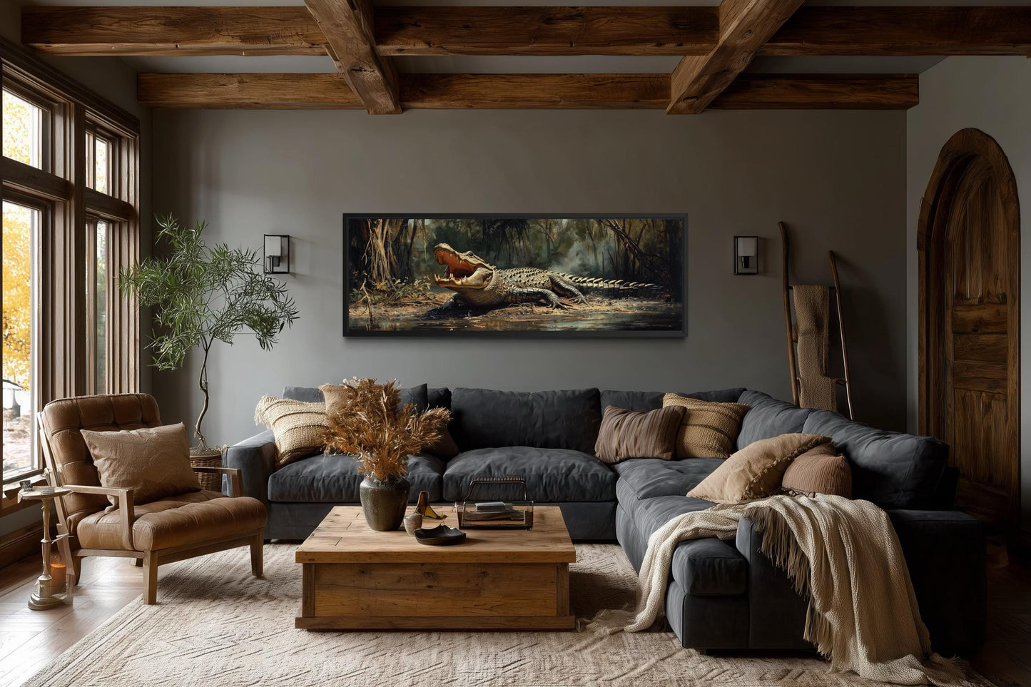 Alligator Wall Art Long Horizontal Canvas Print | Man Cave Wildlife Decor