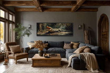 Alligator Wall Art Long Horizontal Canvas Print | Man Cave Wildlife Decor