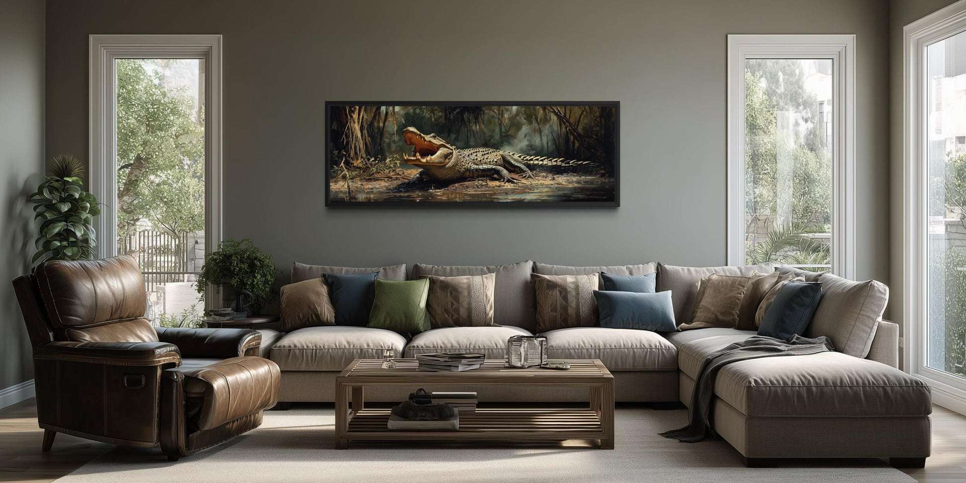 Alligator Wall Art Long Horizontal Canvas Print | Man Cave Wildlife Decor