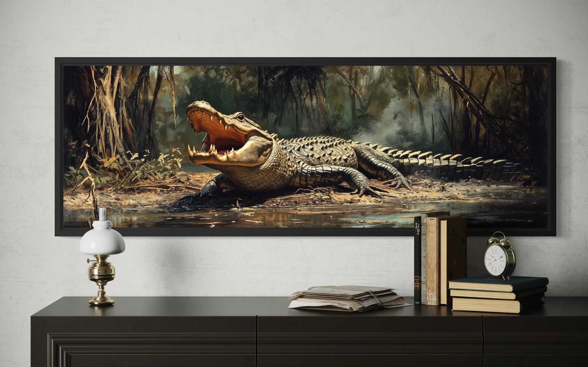 Alligator Wall Art Long Horizontal Canvas Print | Man Cave Wildlife Decor
