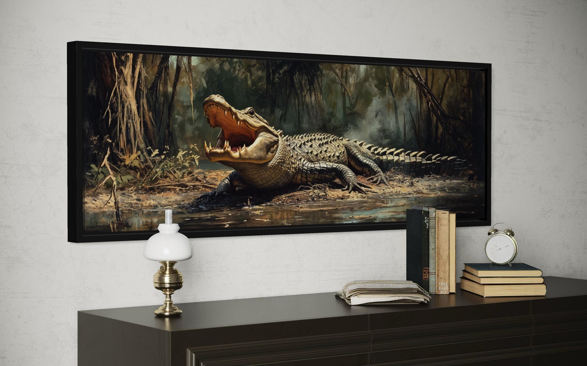 Alligator Wall Art Long Horizontal Canvas Print | Man Cave Wildlife Decor