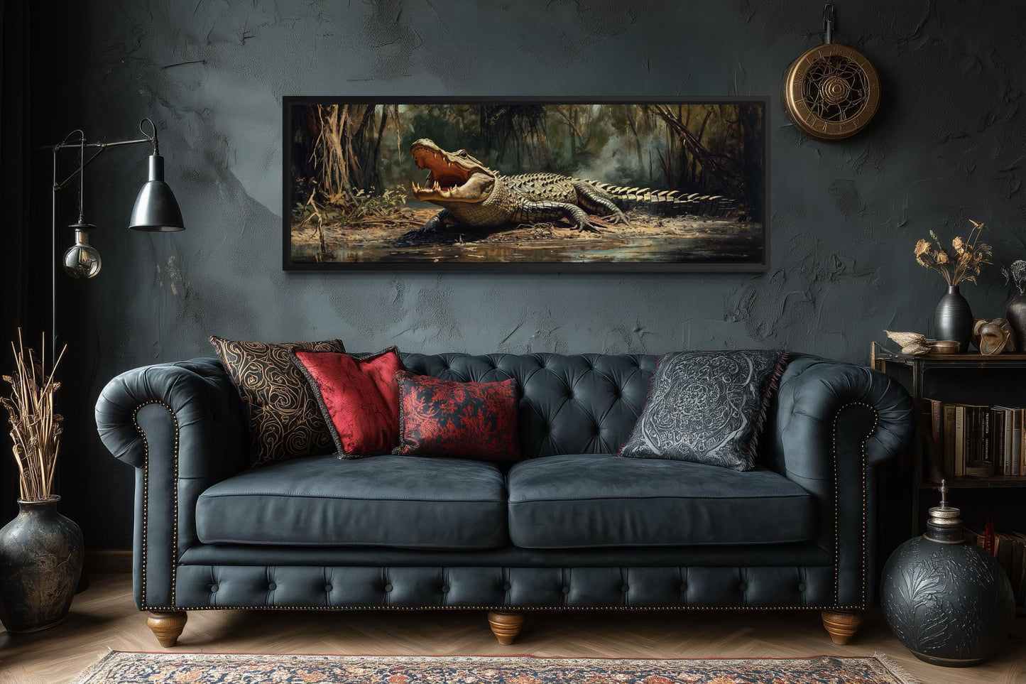Alligator Wall Art Long Horizontal Canvas Print | Man Cave Wildlife Decor