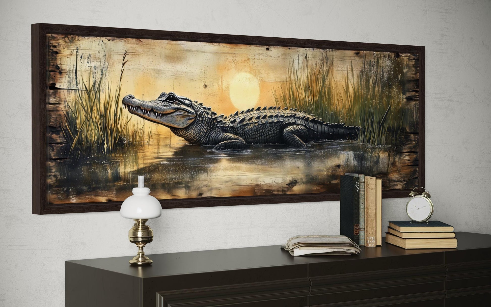 Alligator Wall Art – Marshland Sunset Art | Long Horizontal Wildlife Wall Decor for Men