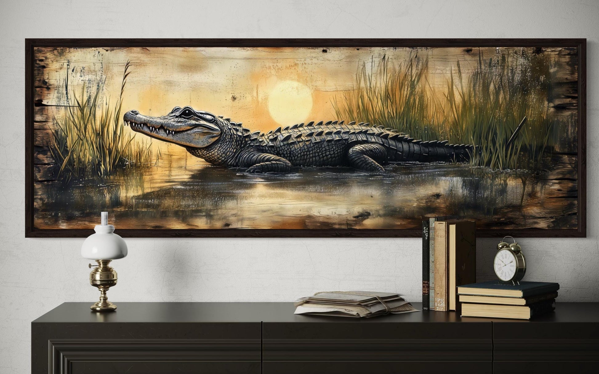 Alligator Wall Art – Marshland Sunset Art | Long Horizontal Wildlife Wall Decor for Men
