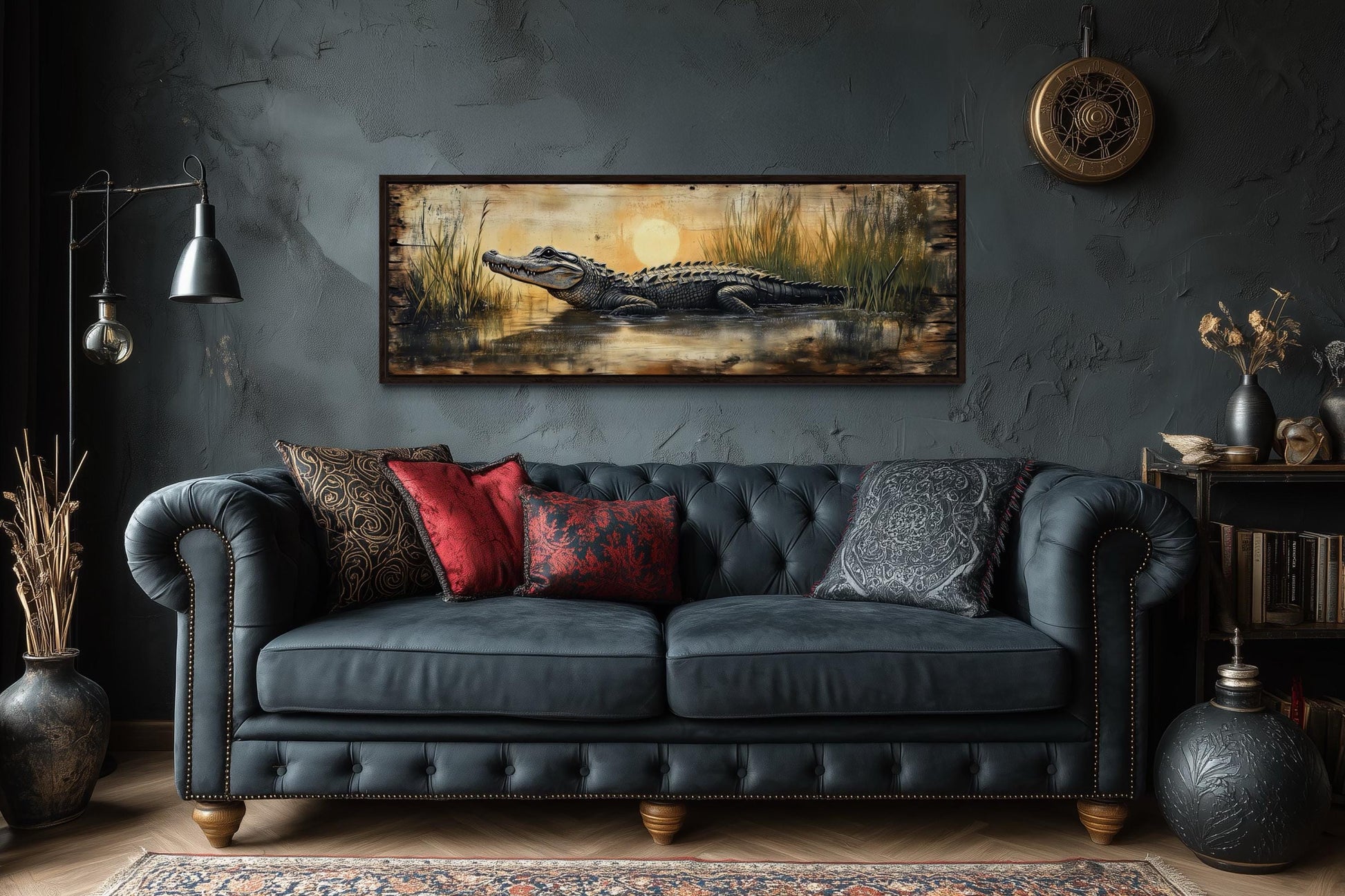 Alligator Wall Art – Marshland Sunset Art | Long Horizontal Wildlife Wall Decor for Men
