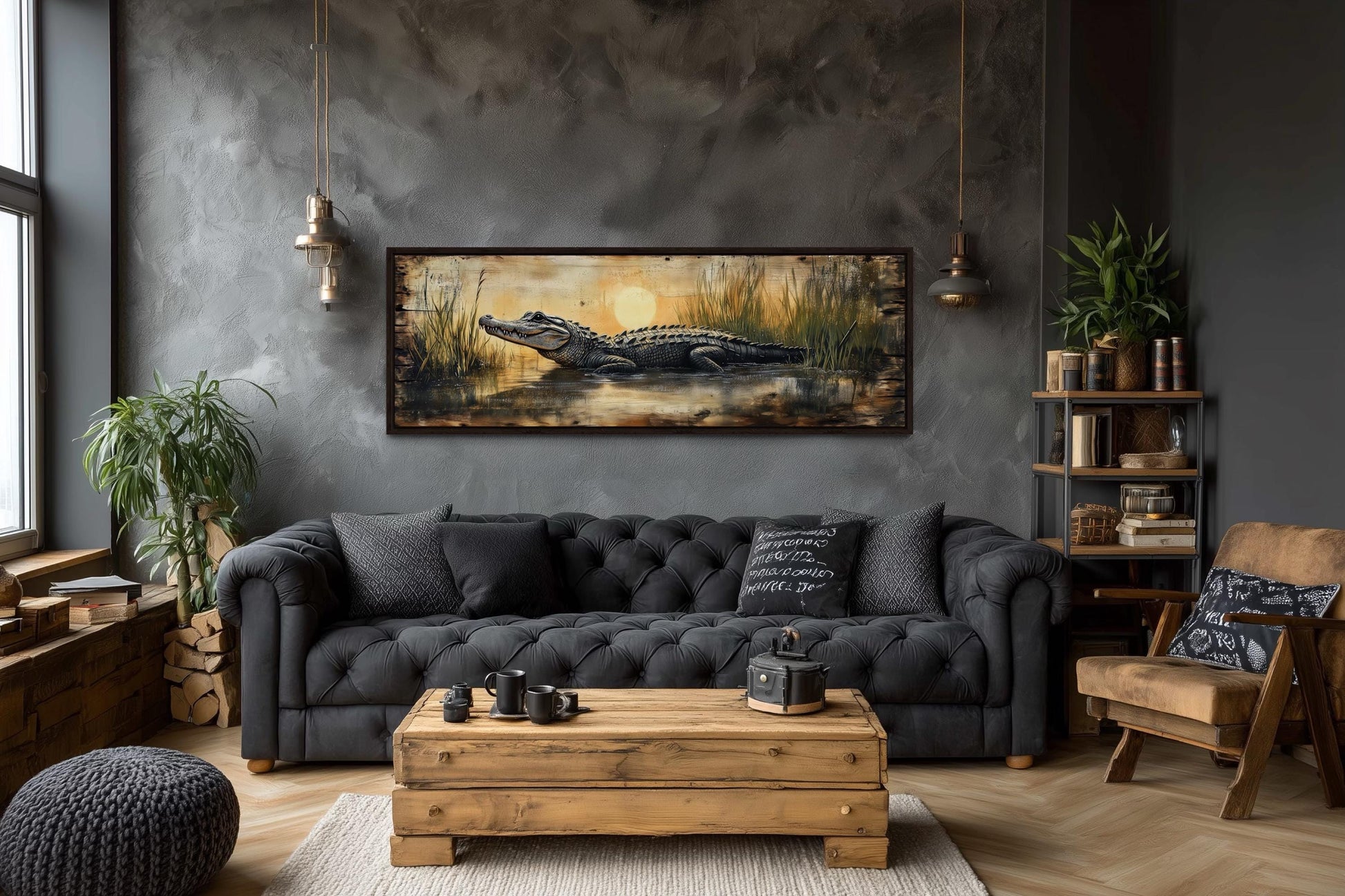 Alligator Wall Art – Marshland Sunset Art | Long Horizontal Wildlife Wall Decor for Men