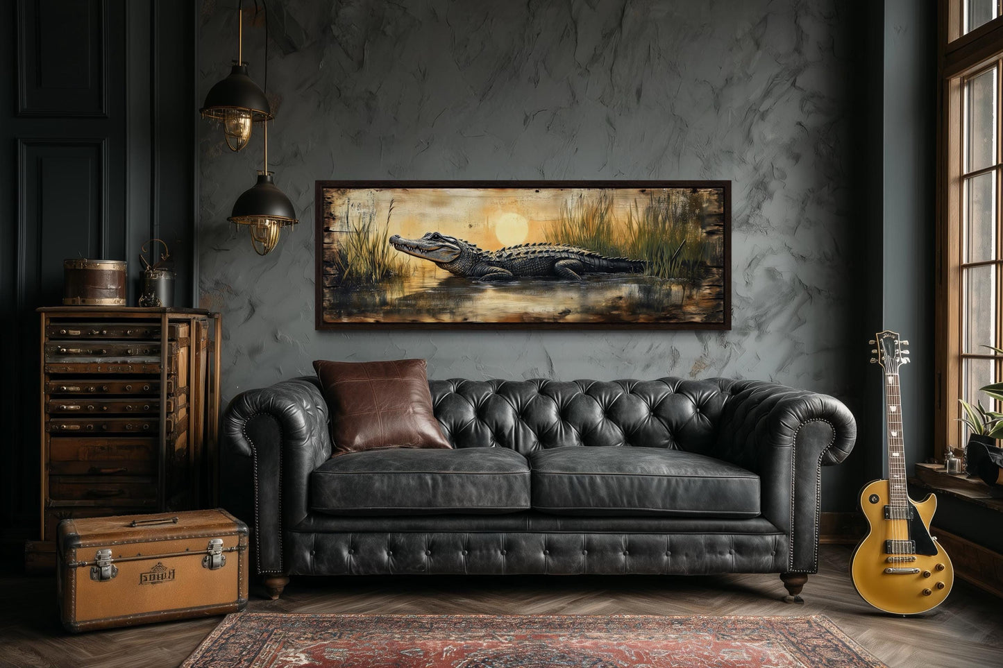 Alligator Wall Art – Marshland Sunset Art | Long Horizontal Wildlife Wall Decor for Men