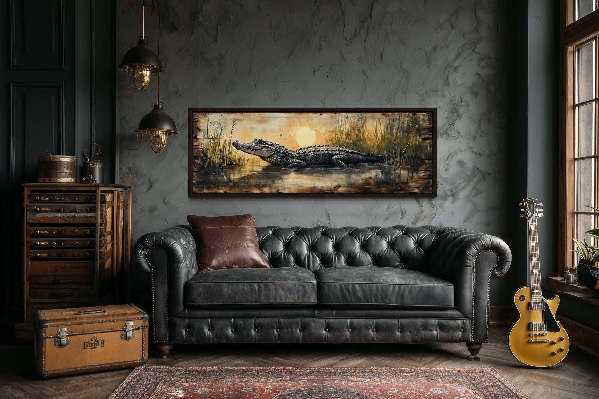 Alligator Wall Art – Marshland Sunset Art | Long Horizontal Wildlife Wall Decor for Men