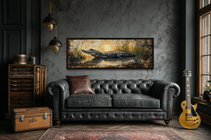 Alligator Wall Art – Marshland Sunset Art | Long Horizontal Wildlife Wall Decor for Men