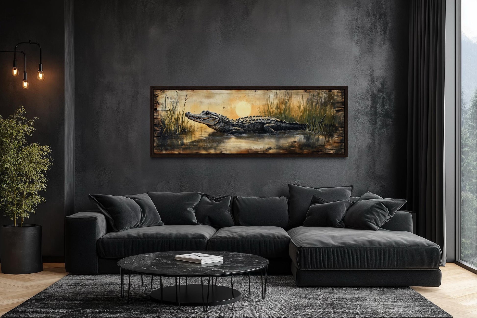 Alligator Wall Art – Marshland Sunset Art | Long Horizontal Wildlife Wall Decor for Men
