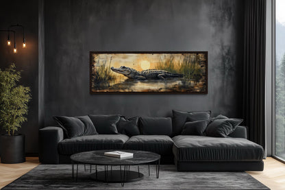 Alligator Wall Art – Marshland Sunset Art | Long Horizontal Wildlife Wall Decor for Men