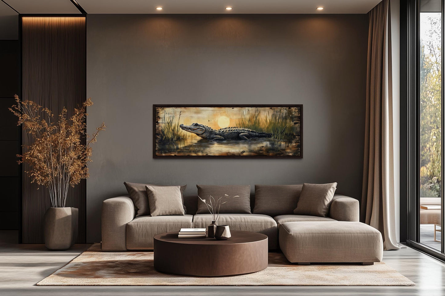Alligator Wall Art – Marshland Sunset Art | Long Horizontal Wildlife Wall Decor for Men