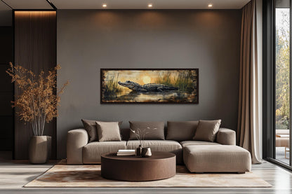 Alligator Wall Art – Marshland Sunset Art | Long Horizontal Wildlife Wall Decor for Men