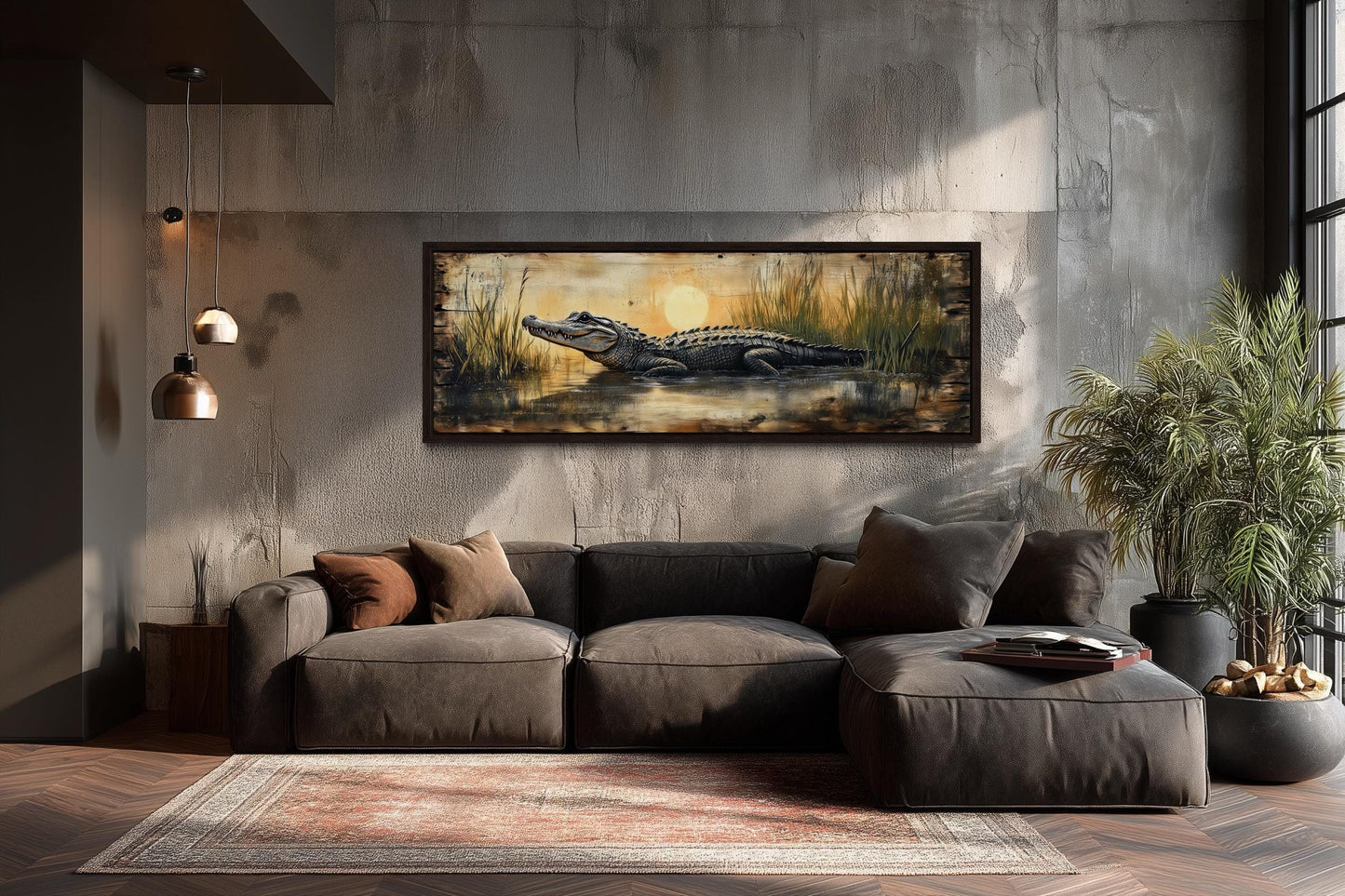 Alligator Wall Art – Marshland Sunset Art | Long Horizontal Wildlife Wall Decor for Men