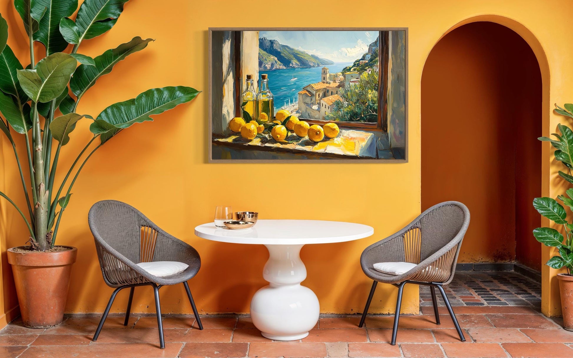 Amalfi Coast Window View With Lemons And Olive Wall Art For Dining Room Decor