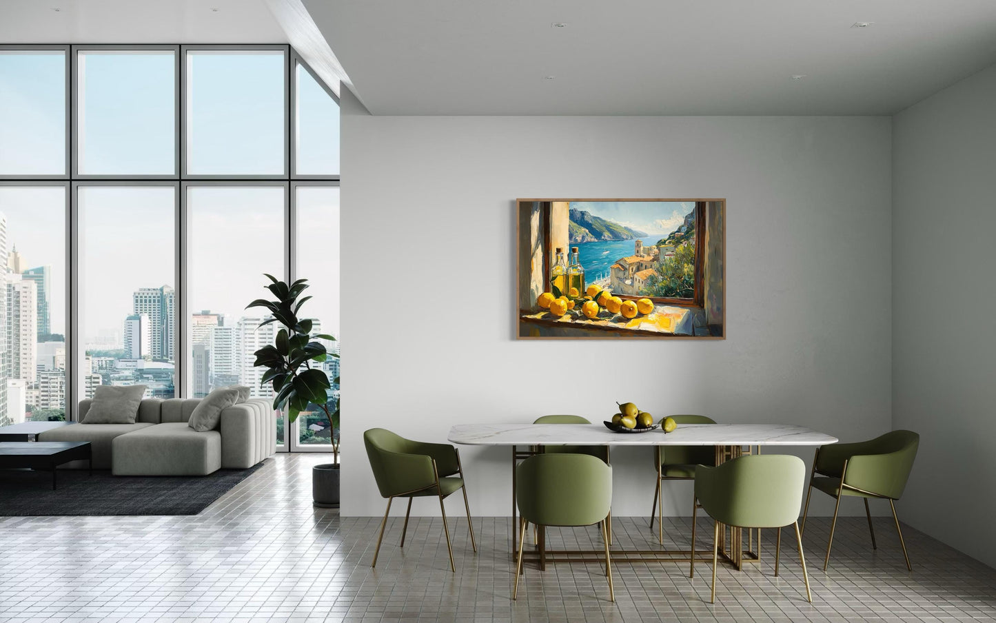 Amalfi Coast Window View With Lemons And Olive Wall Art For Dining Room Decor