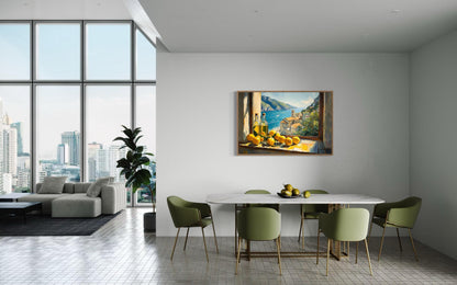 Amalfi Coast Window View With Lemons And Olive Wall Art For Dining Room Decor