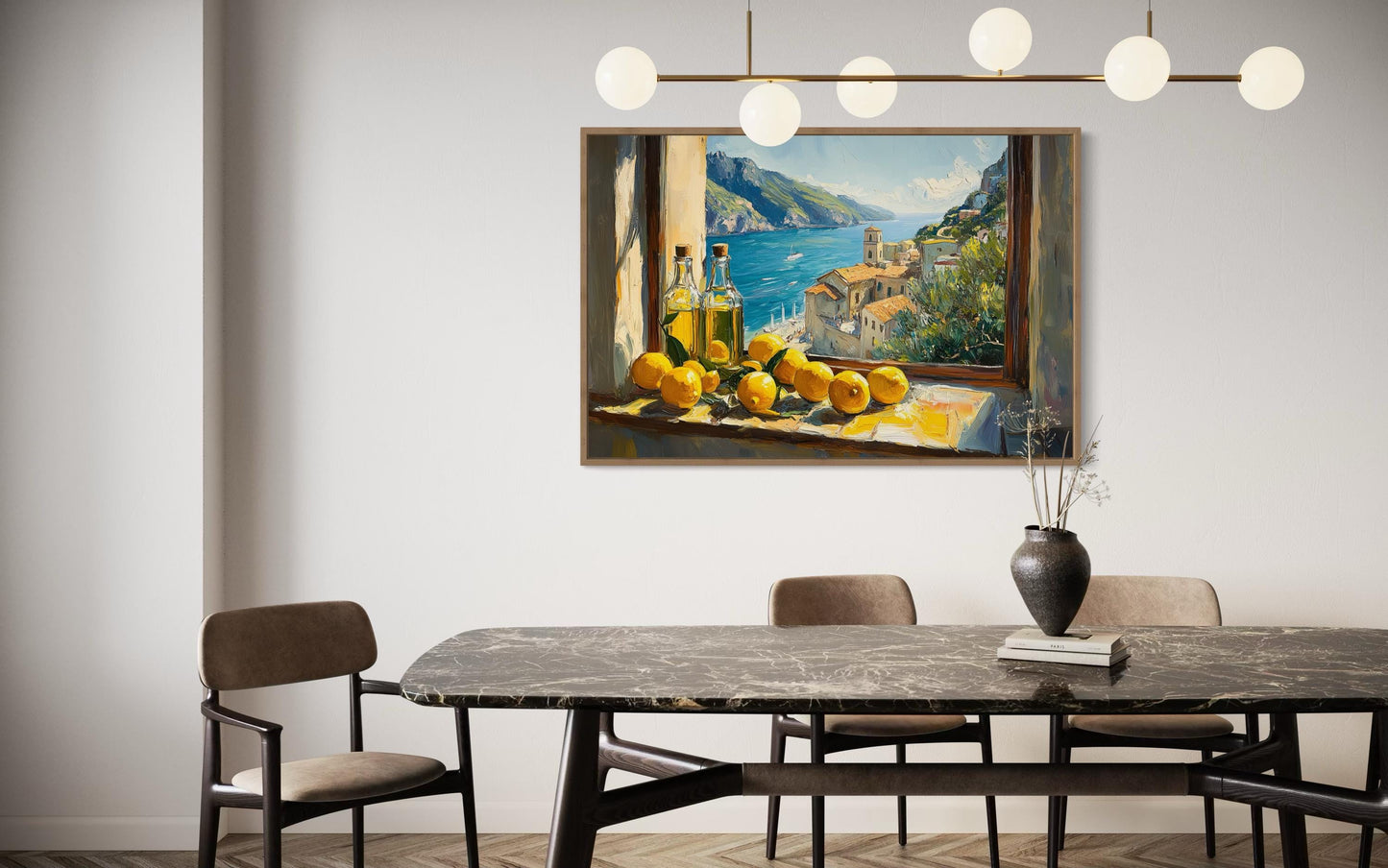 Amalfi Coast Window View With Lemons And Olive Wall Art For Dining Room Decor