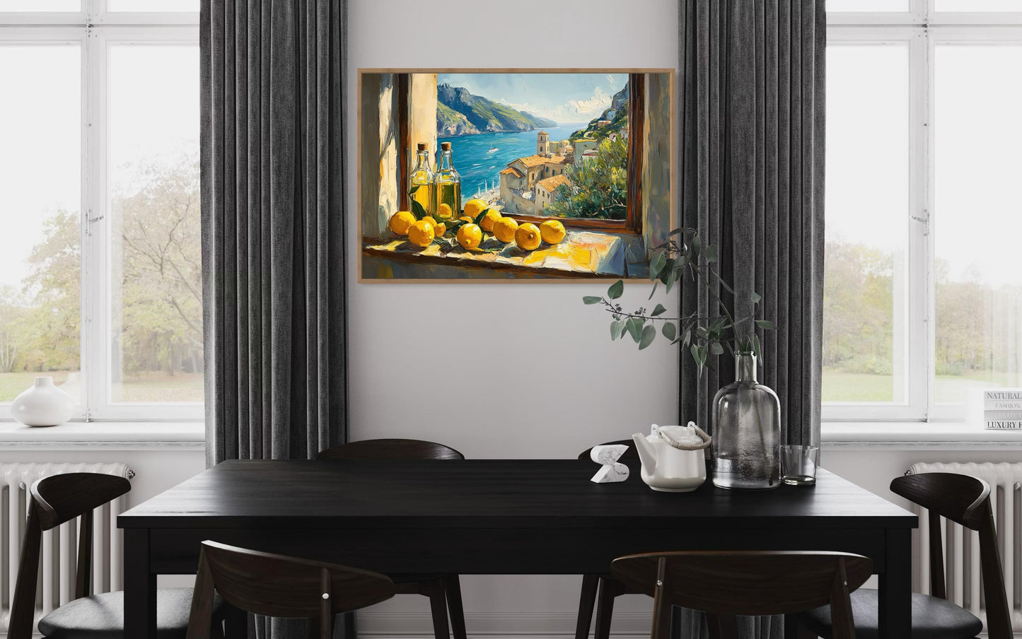 Amalfi Coast Window View With Lemons And Olive Wall Art For Dining Room Decor