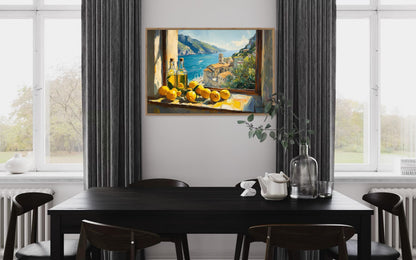 Amalfi Coast Window View With Lemons And Olive Wall Art For Dining Room Decor