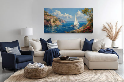 Amalfi Coast With Sail Boat Framed Canvas Wall Art