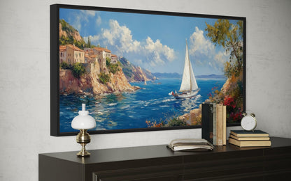 Amalfi Coast With Sail Boat Framed Canvas Wall Art