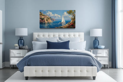 Amalfi Coast With Sail Boat Framed Canvas Wall Art
