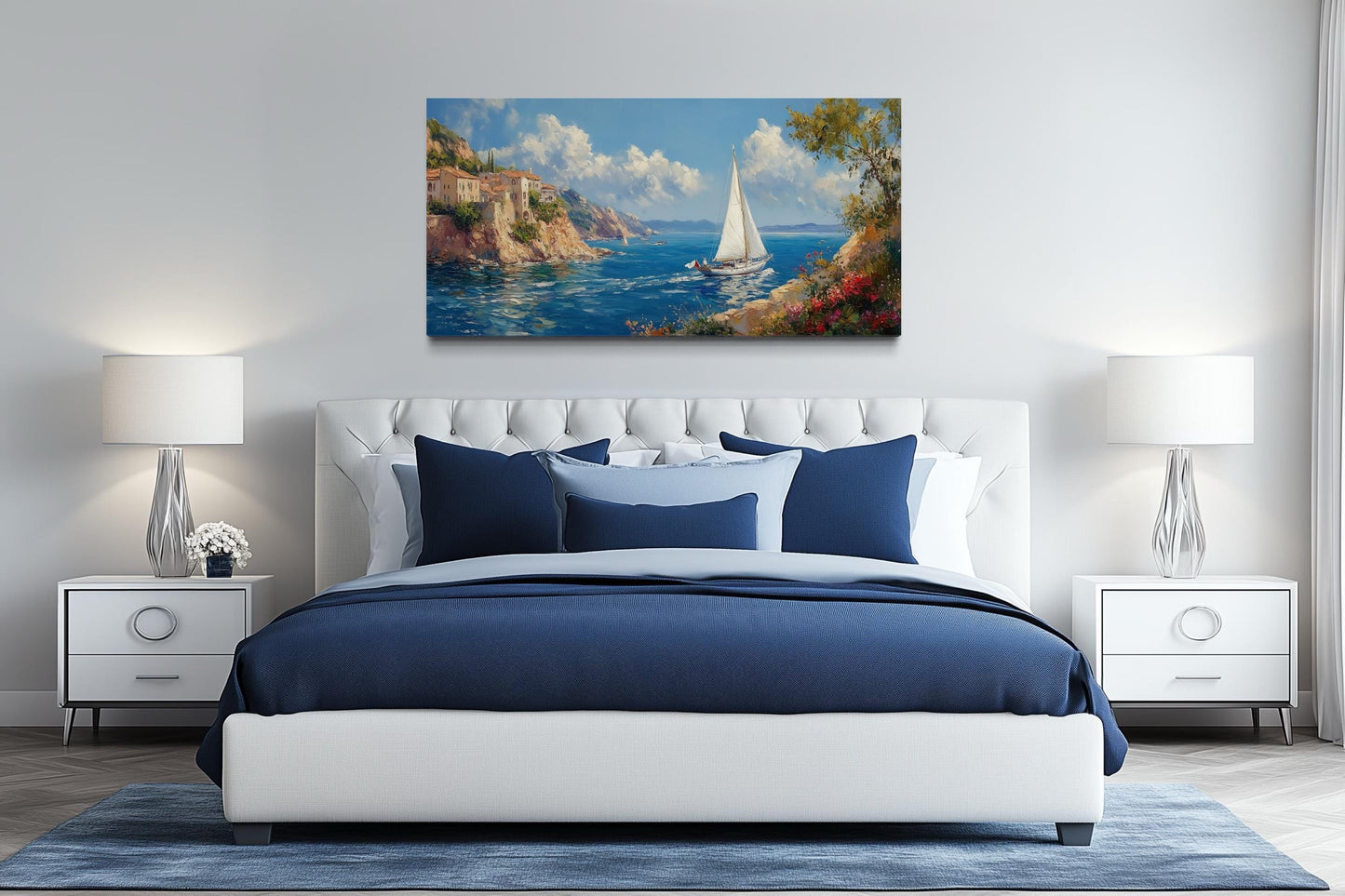 Amalfi Coast With Sail Boat Framed Canvas Wall Art