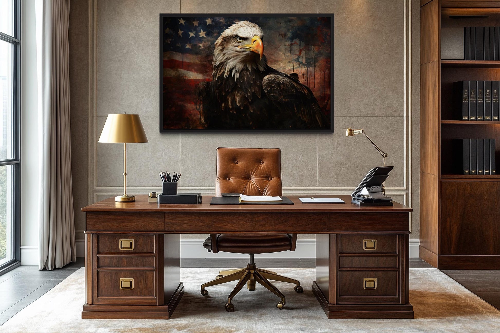 American Bald Eagle With USA Flag Background Canvas Wall Art