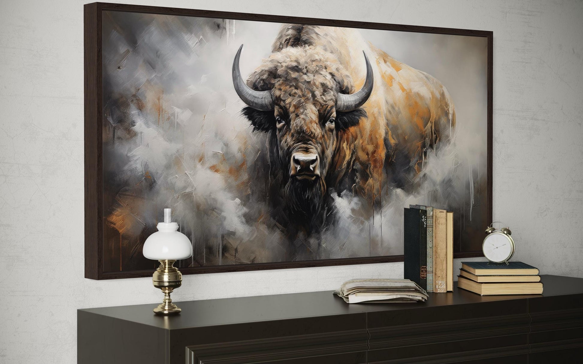 American Bison Abstract Dripping Paint Framed Canvas Wall Art