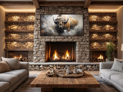 American Bison Abstract Dripping Paint Framed Canvas Wall Art