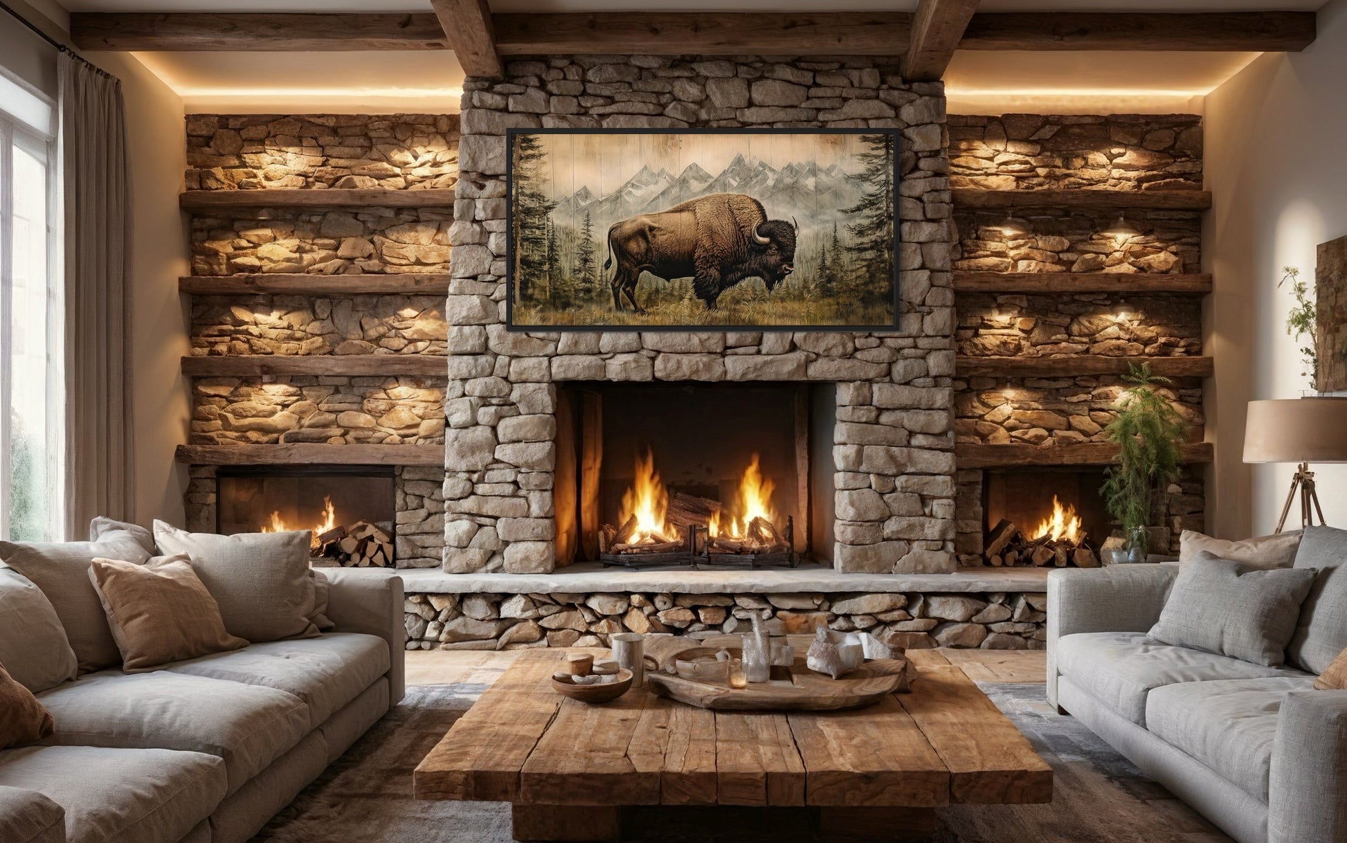 American Bison Painting - Framed Canvas Art | Rustic Wood Panel Wall Decor