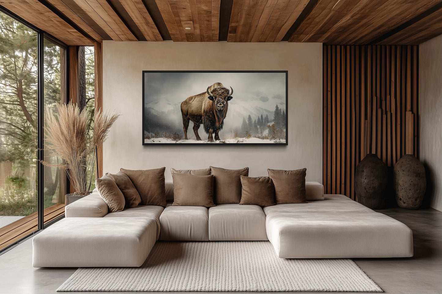 American Bison Wall Art – Framed Canvas Print | Rustic Man Cave Wildlife Decor