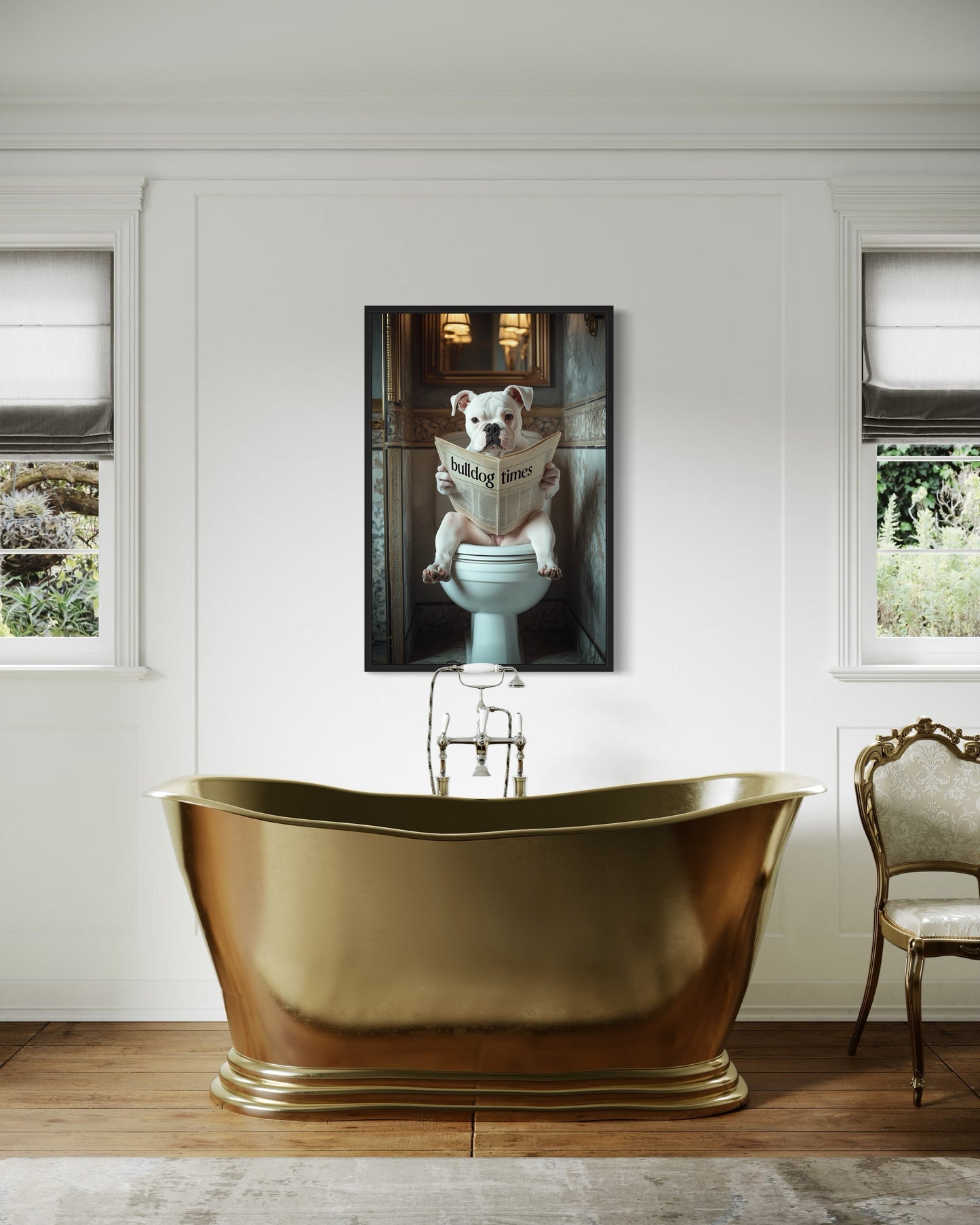 American Bulldog Dog On The Toilet Reading Newspaper Picture Canvas Wall Art