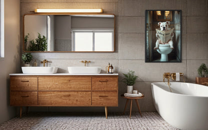 American Bulldog Dog On The Toilet Reading Newspaper Picture Canvas Wall Art