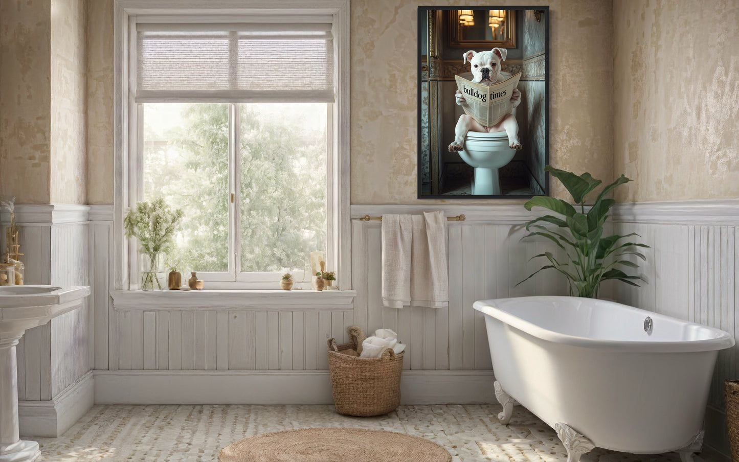 American Bulldog Dog On The Toilet Reading Newspaper Picture Canvas Wall Art