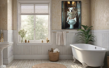American Bulldog Dog On The Toilet Reading Newspaper Picture Canvas Wall Art