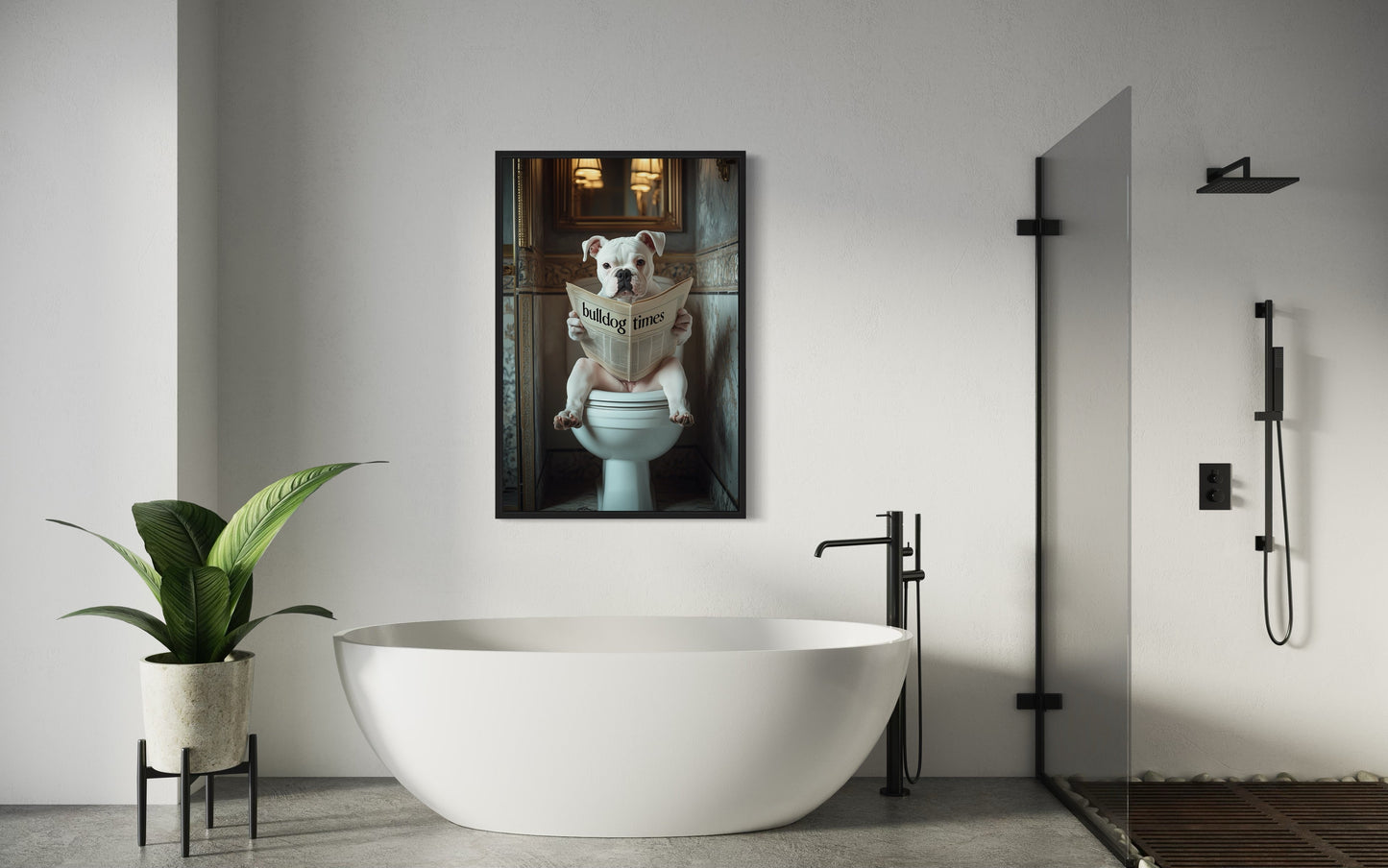 American Bulldog Dog On The Toilet Reading Newspaper Picture Canvas Wall Art