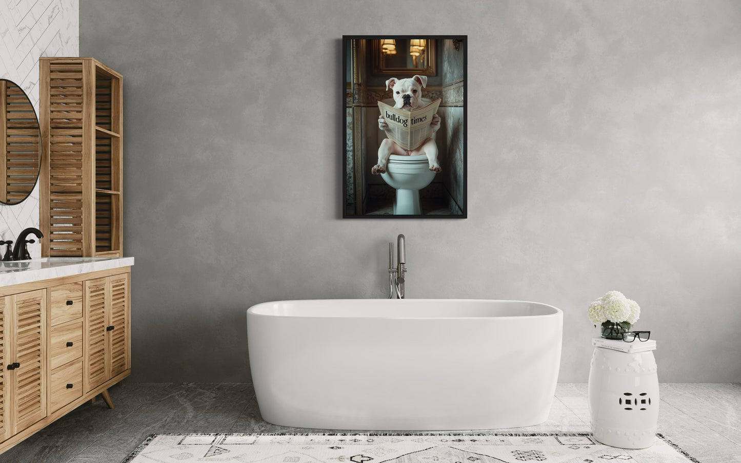 American Bulldog Dog On The Toilet Reading Newspaper Picture Canvas Wall Art