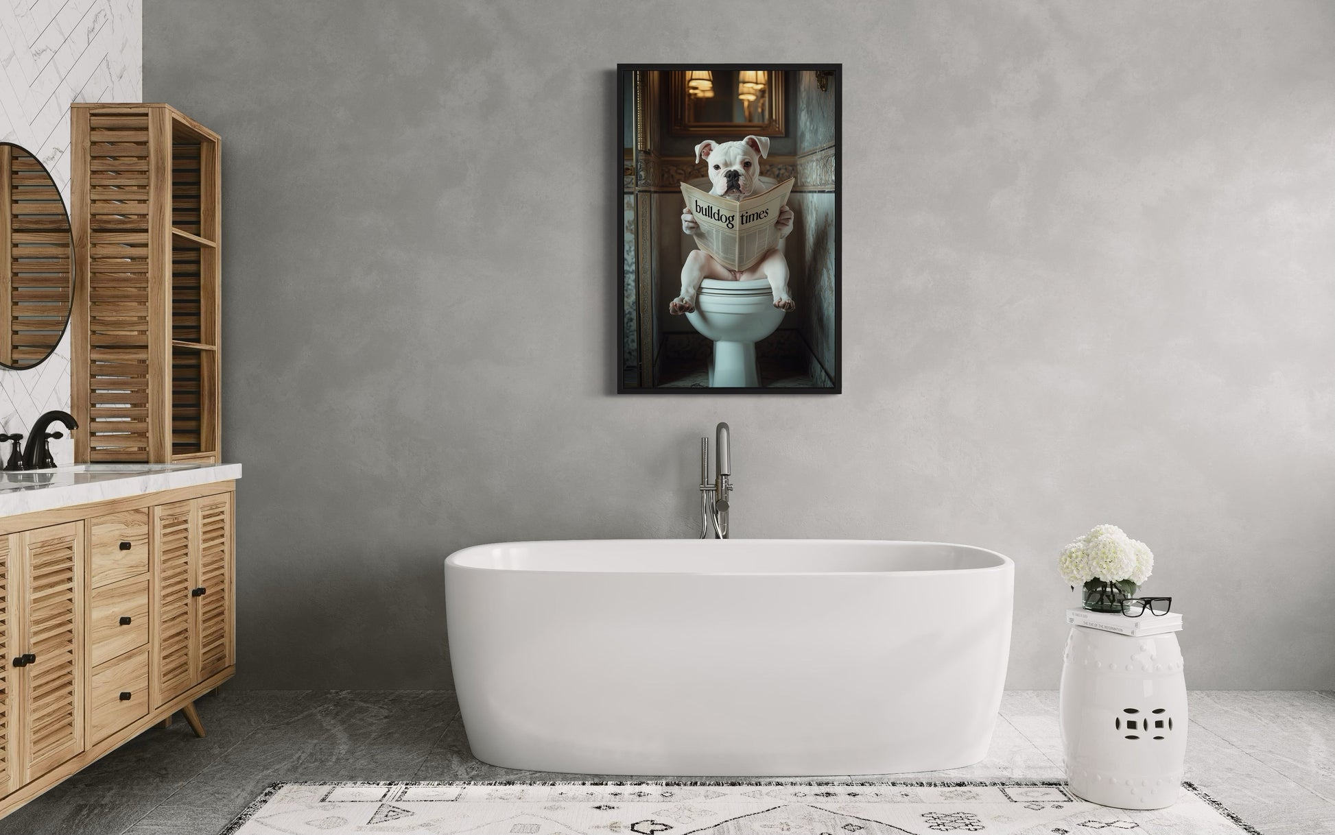 American Bulldog Dog On The Toilet Reading Newspaper Picture Canvas Wall Art