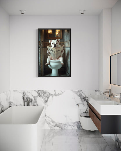 American Bulldog Dog On The Toilet Reading Newspaper Picture Canvas Wall Art