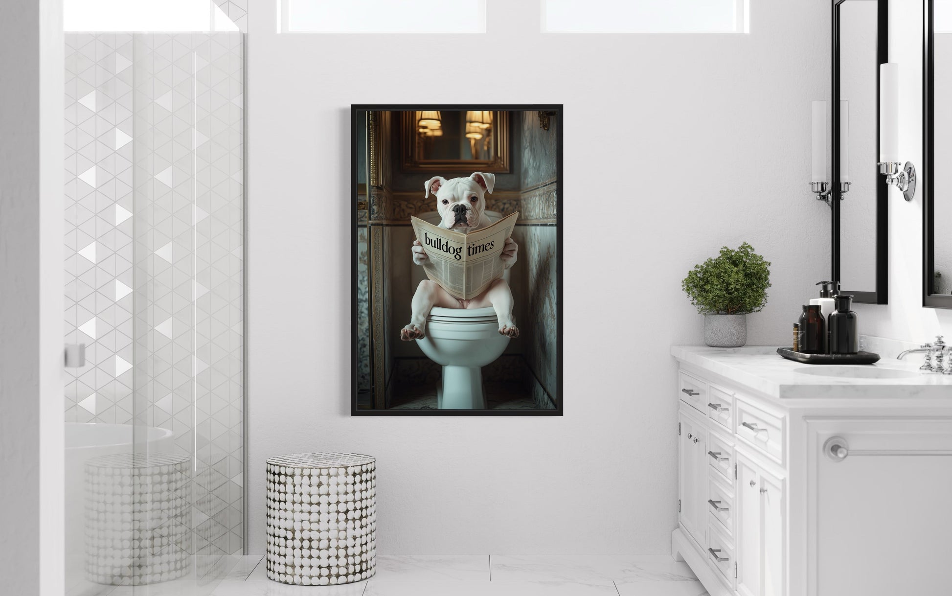American Bulldog Dog On The Toilet Reading Newspaper Picture Canvas Wall Art