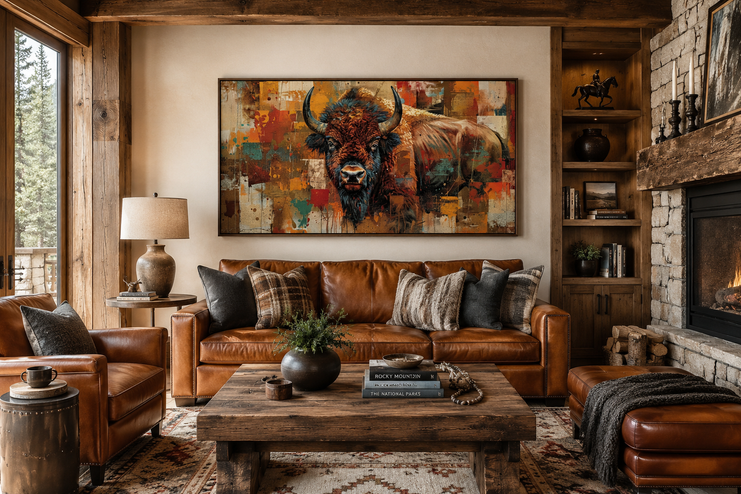 Amercan Bison Wall Art - Colorful Southwestern Canvas Print | Rustic Home Decor
