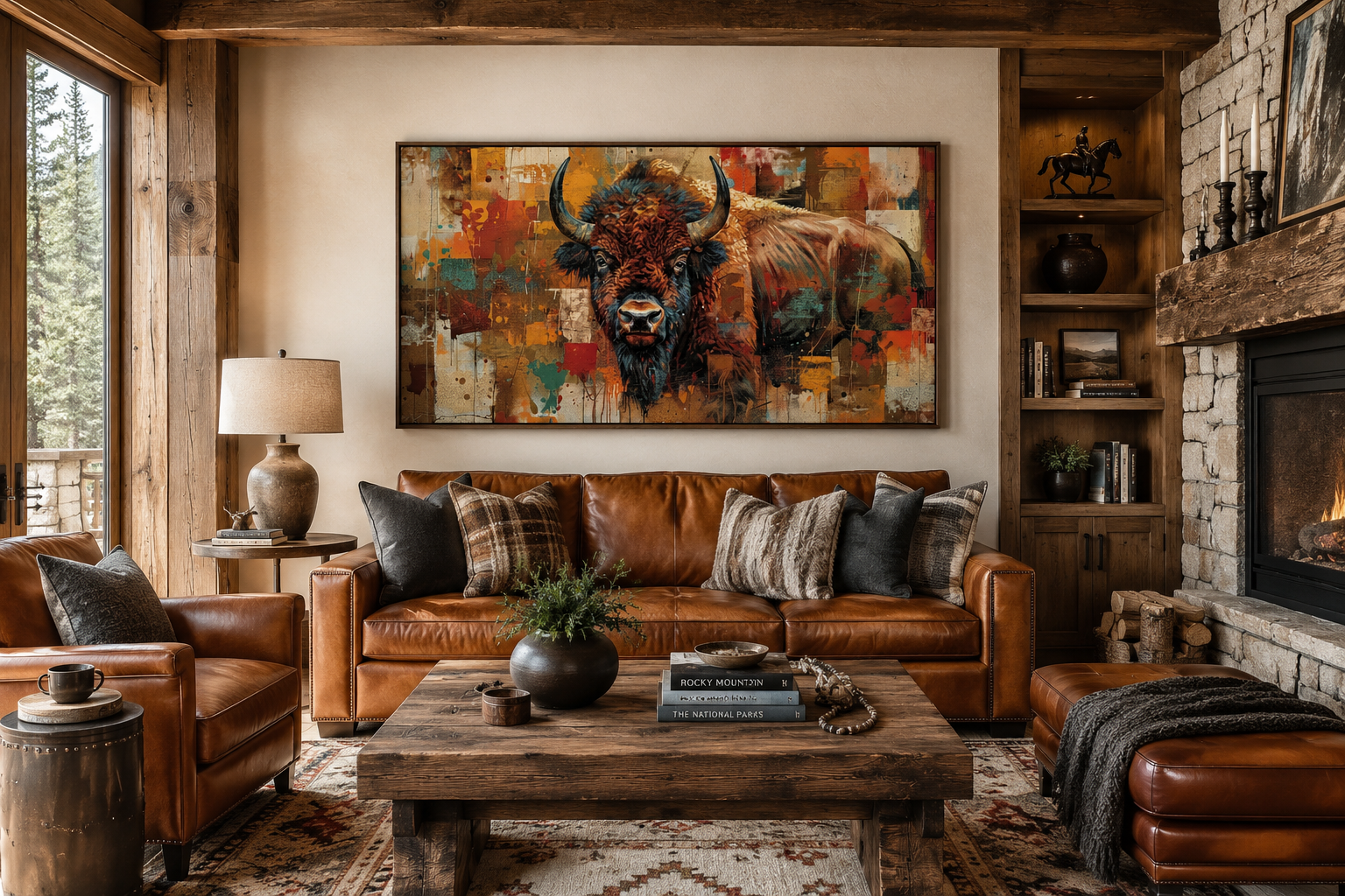 Amercan Bison Wall Art - Colorful Southwestern Canvas Print | Rustic Home Decor